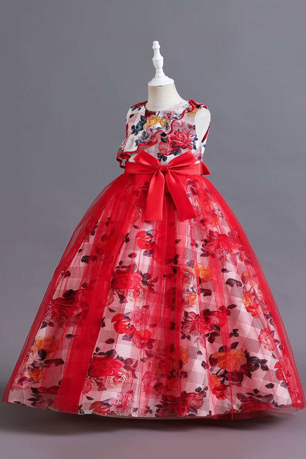 Robe longue de fille en tulle de fleur bleue avec volants