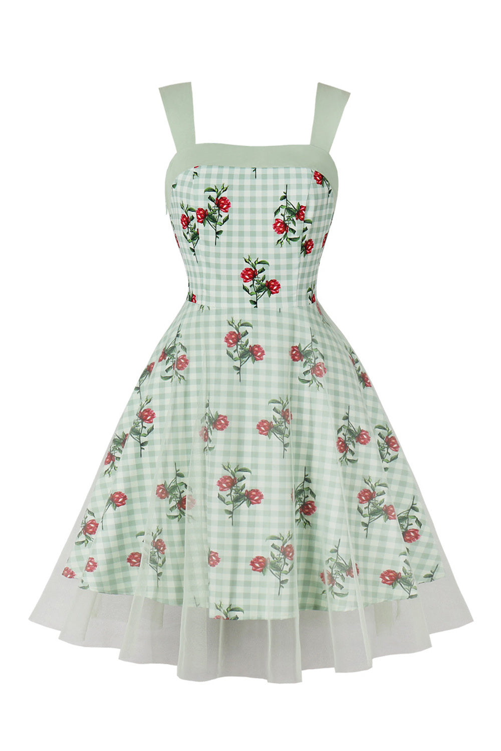 Robe verte à carreaux des années 50 avec imprimé floral