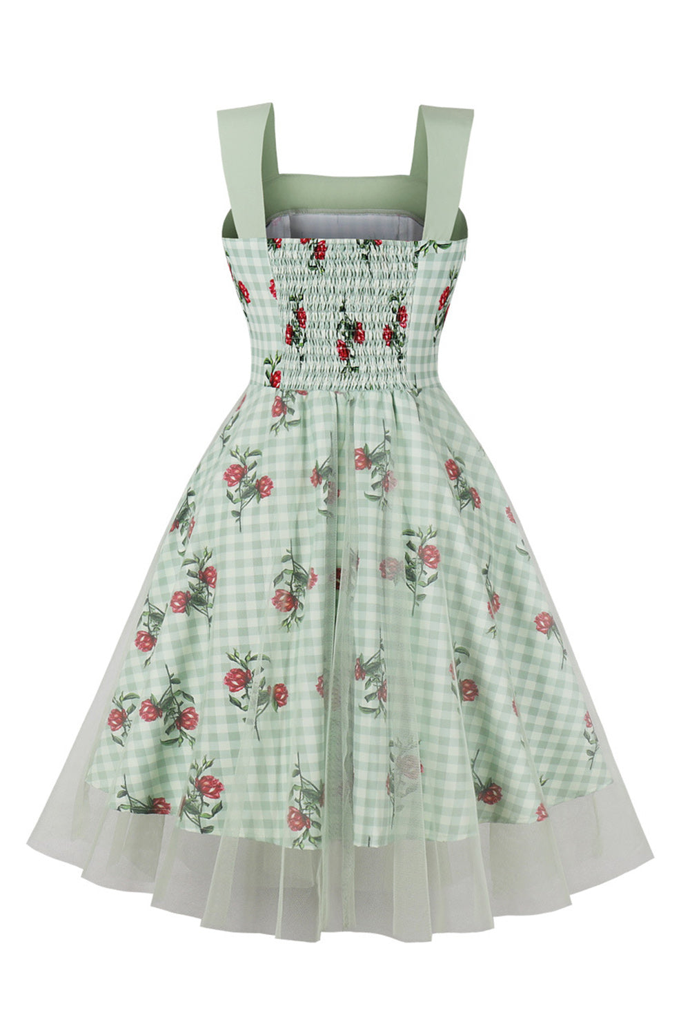 Robe verte à carreaux des années 50 avec imprimé floral