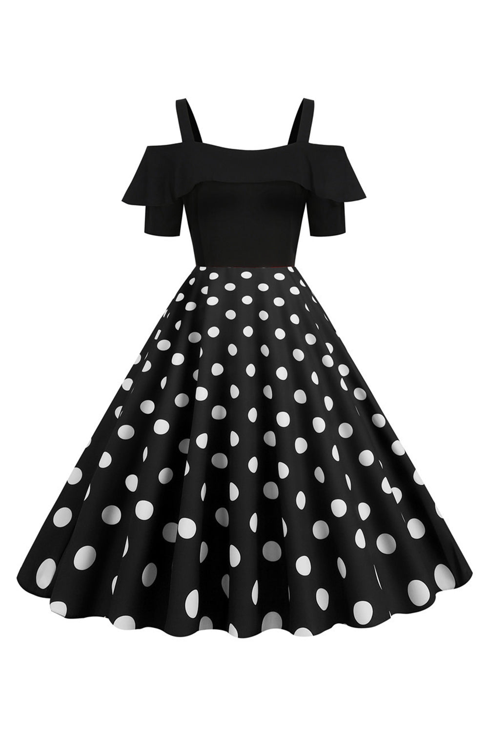 Robe à pois à pois d’épaules froides noires des années 50