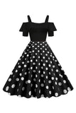 Robe à pois à pois d’épaules froides noires des années 50