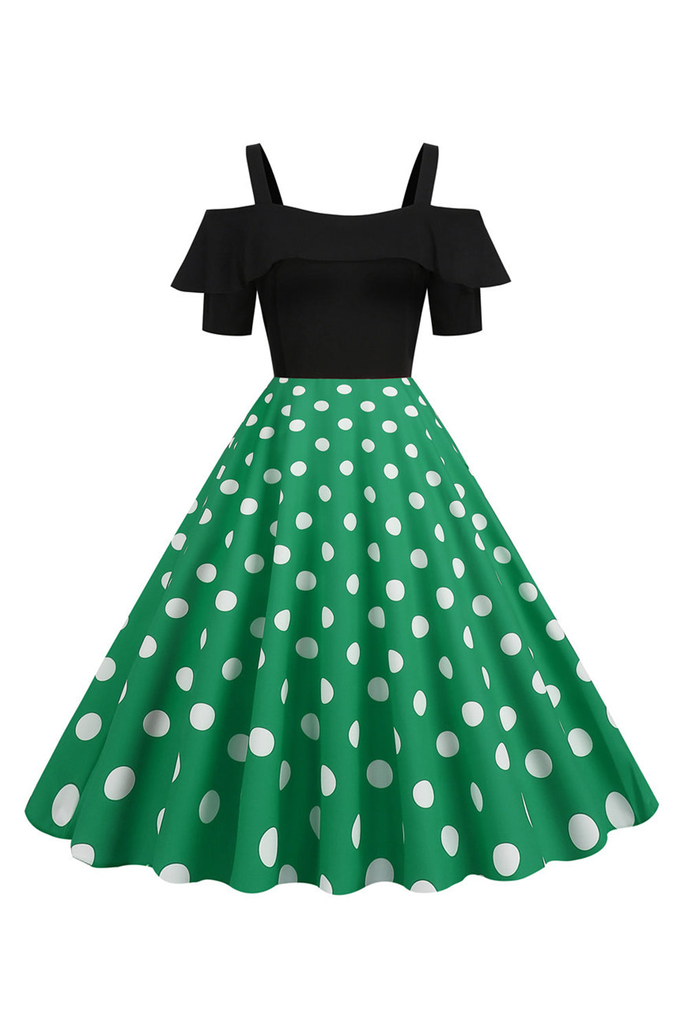 Robe à pois à pois d’épaules froides noires des années 50