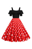 Robe à pois à pois d’épaules froides noires des années 50