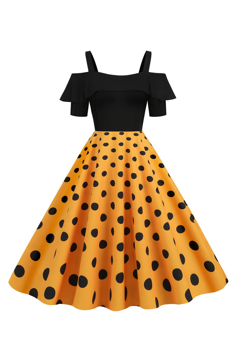 Robe à pois à pois d’épaules froides noires des années 50