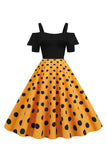 Robe à pois à pois d’épaules froides noires des années 50