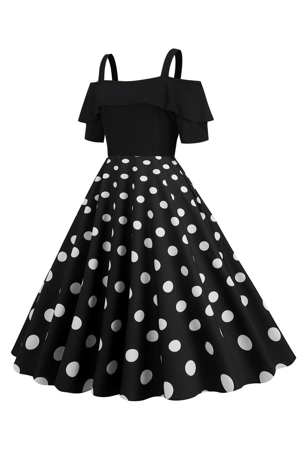 Robe à pois à pois d’épaules froides noires des années 50