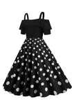 Robe à pois à pois d’épaules froides noires des années 50
