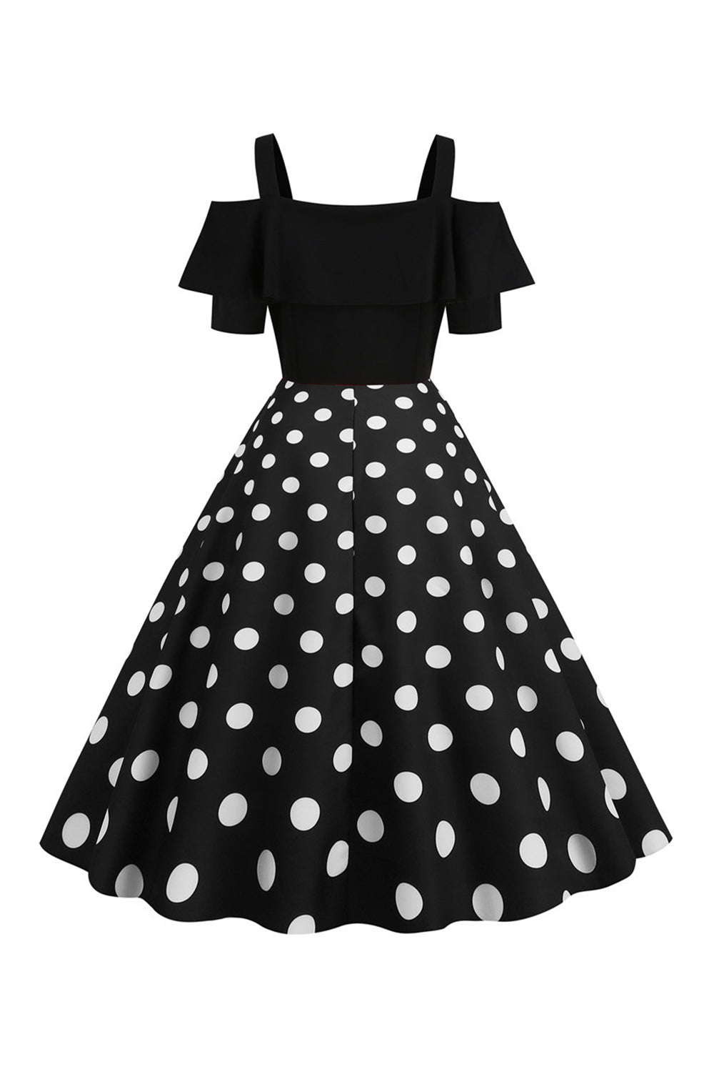 Robe à pois à pois d’épaules froides noires des années 50