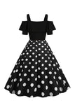 Robe à pois à pois d’épaules froides noires des années 50