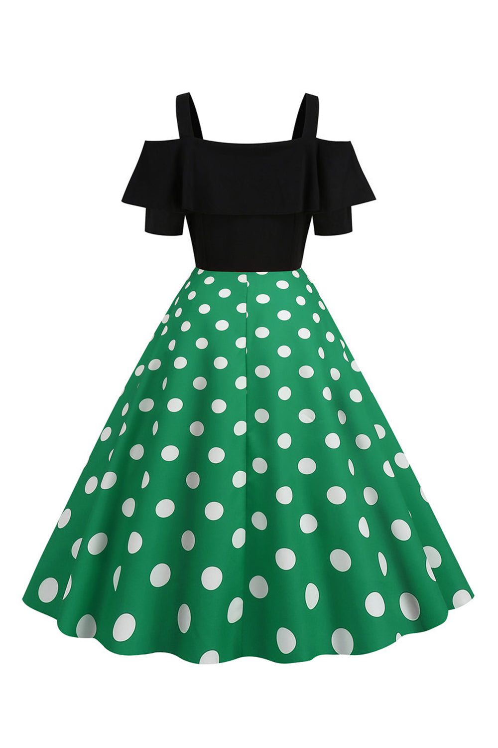 Robe à pois à pois d’épaules froides noires des années 50