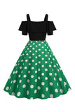 Robe à pois à pois d’épaules froides noires des années 50
