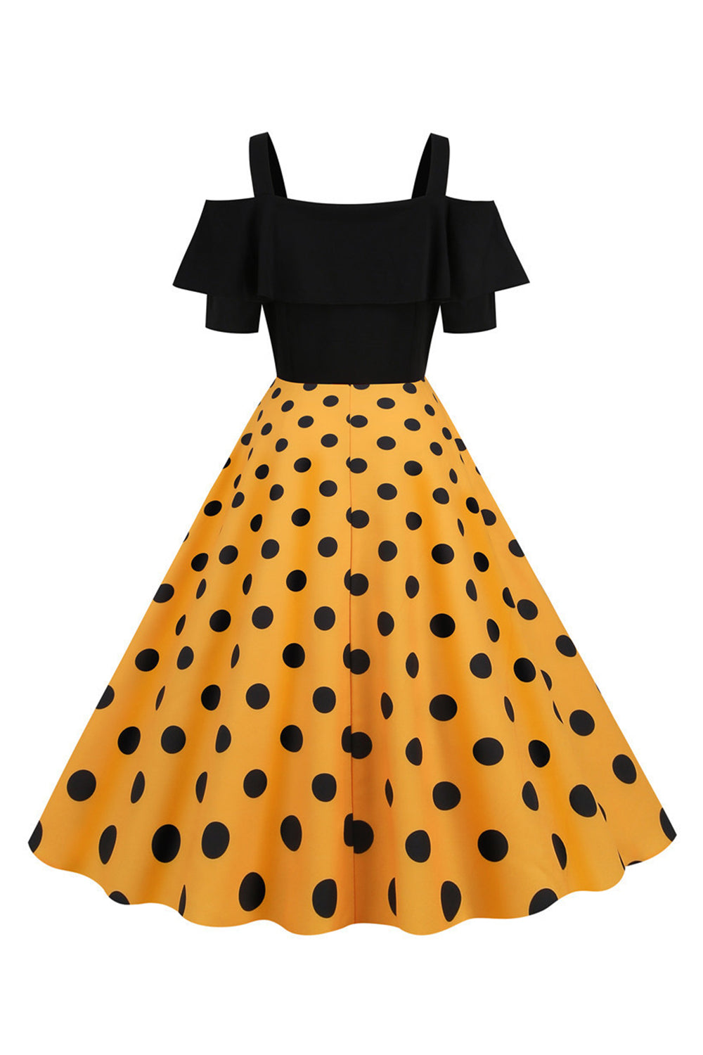 Robe à pois à pois d’épaules froides noires des années 50