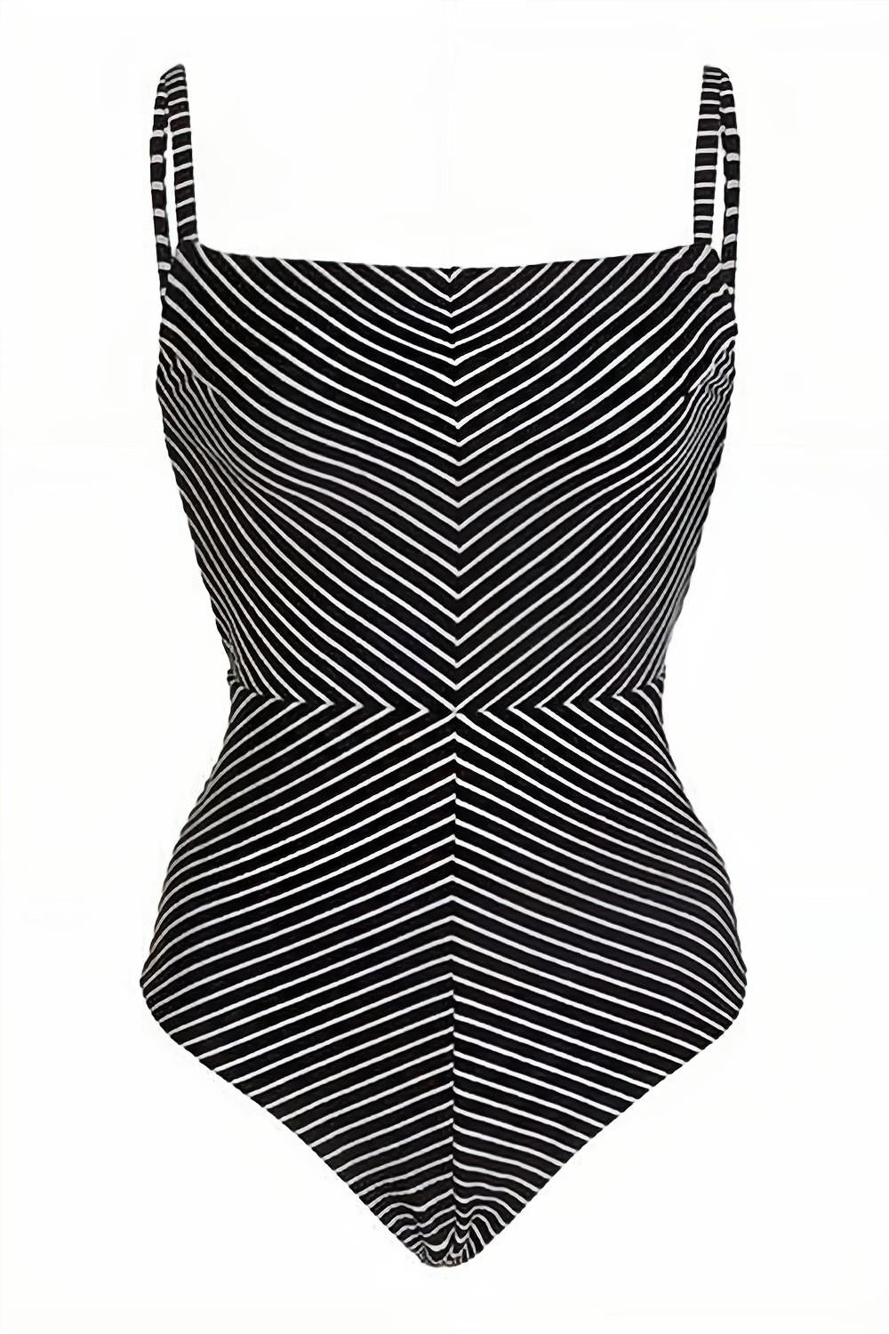 Maillot de bain une pièce taille haute à rayures noires avec jupe de plage