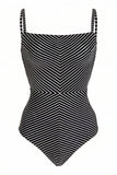 Maillot de bain une pièce taille haute à rayures noires avec jupe de plage