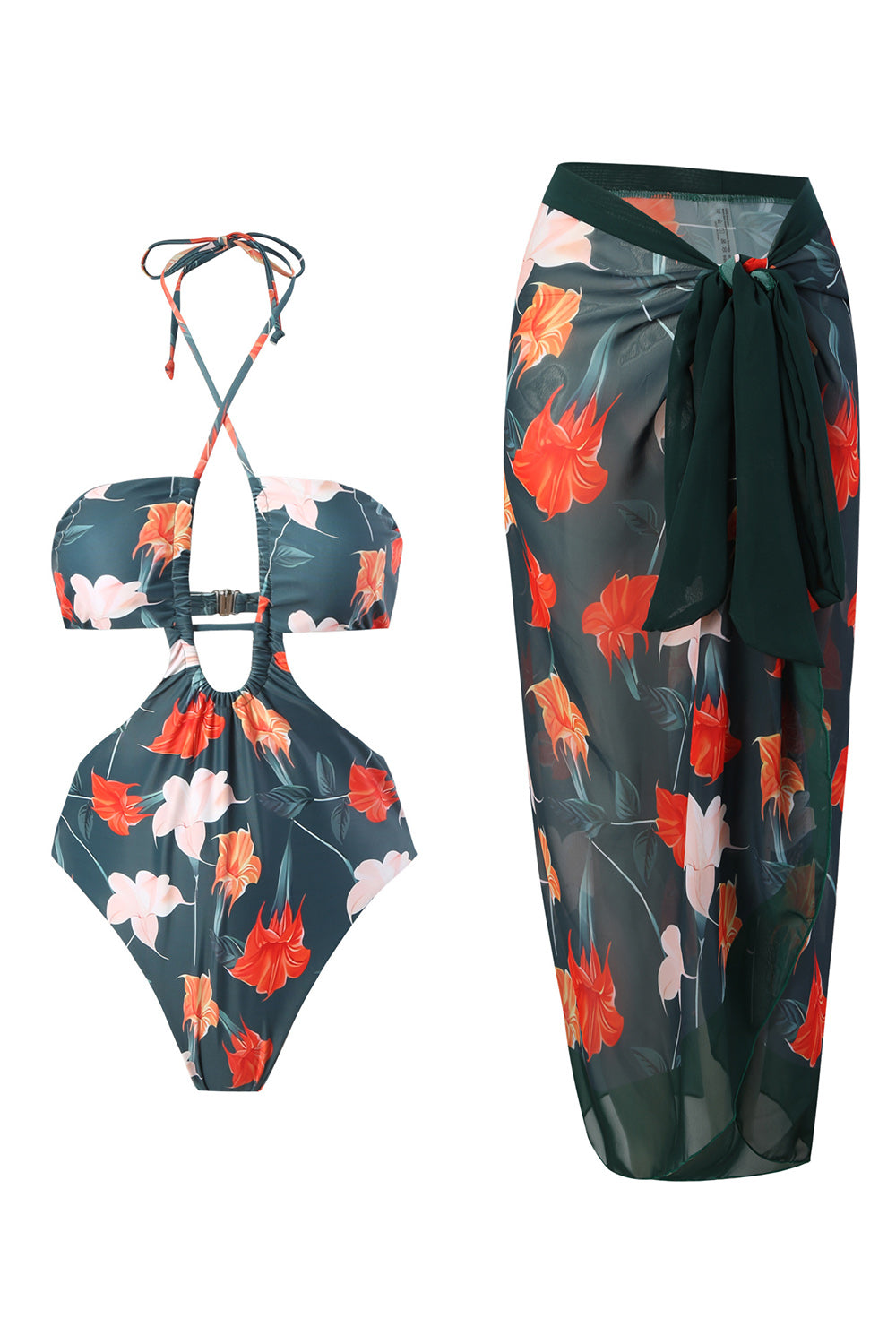 Halter Neck Keyhole One Piece Bikini avec jupe de plage