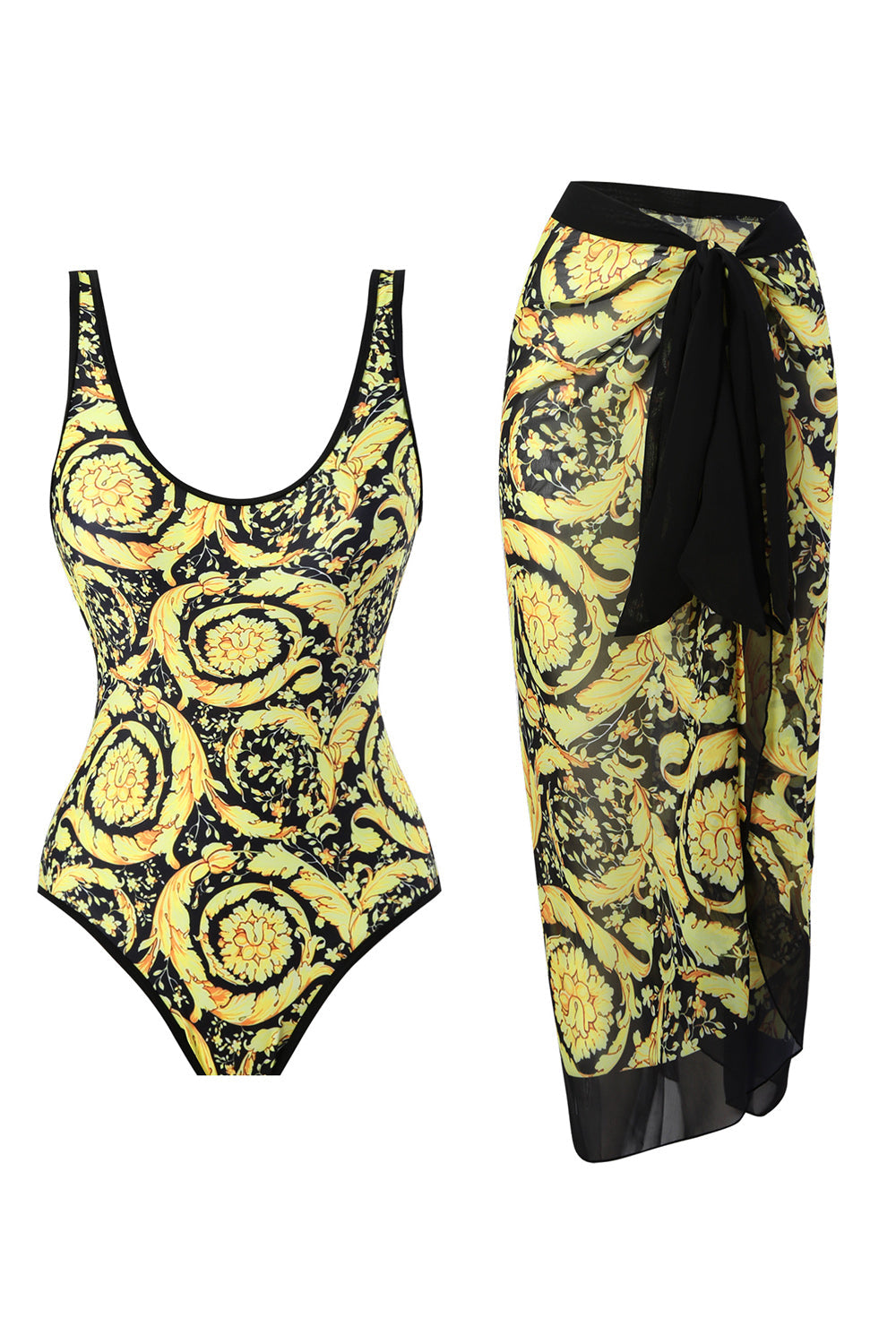 Maillot de bain taille haute imprimé vert d’une pièce avec jupe de plage