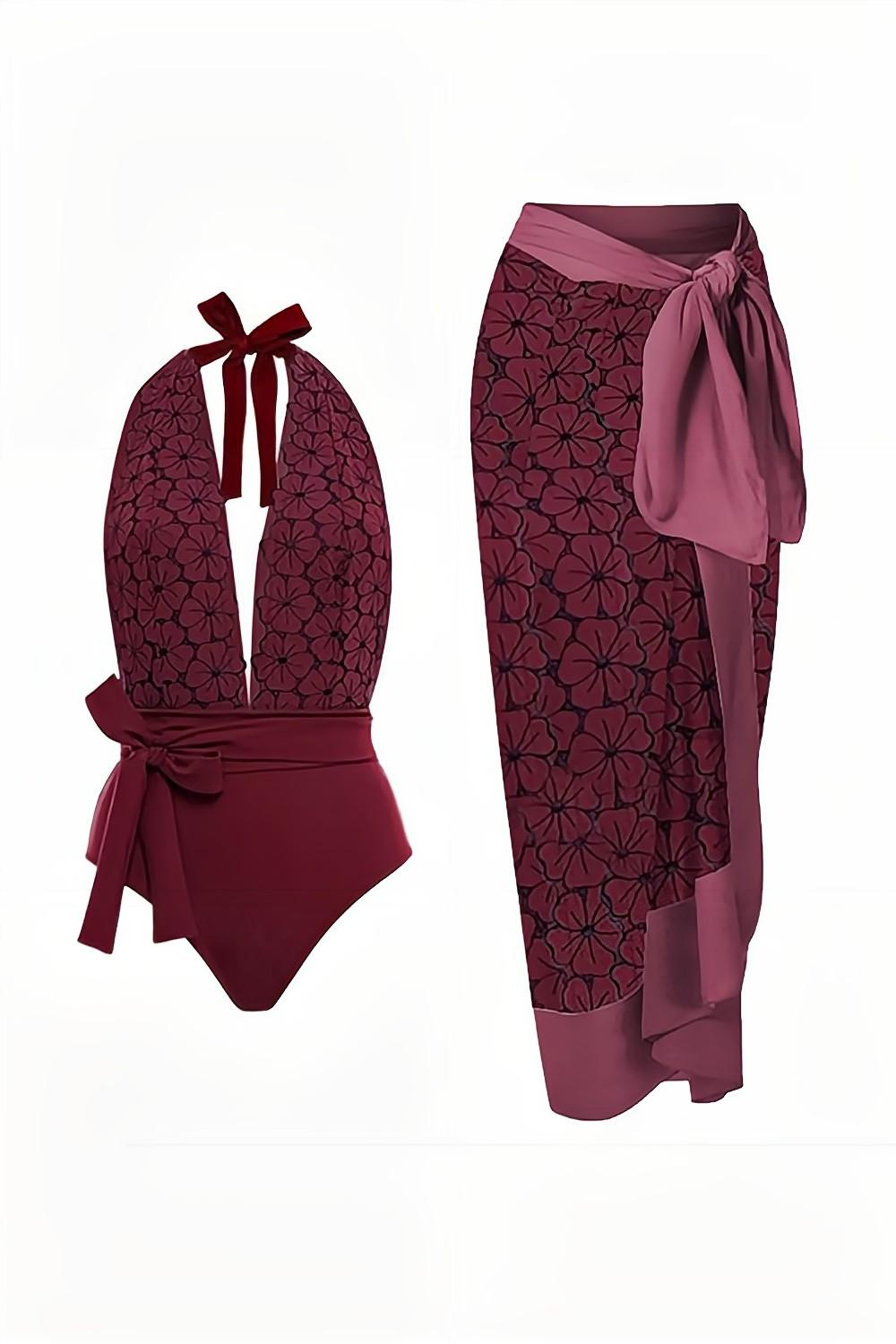 Halter Neck Green One Piece Maillot de bain avec jupe de plage