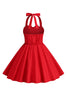 Charger l&#39;image dans la galerie, Robe de fille vintage rouge à licou avec nœud
