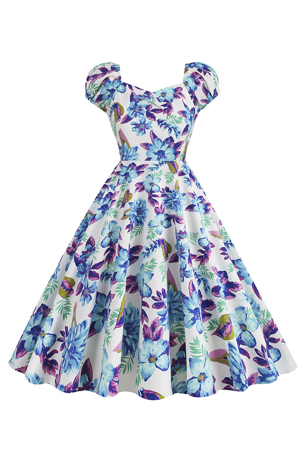 Robe rétro swing imprimée fleur noire à manches courtes