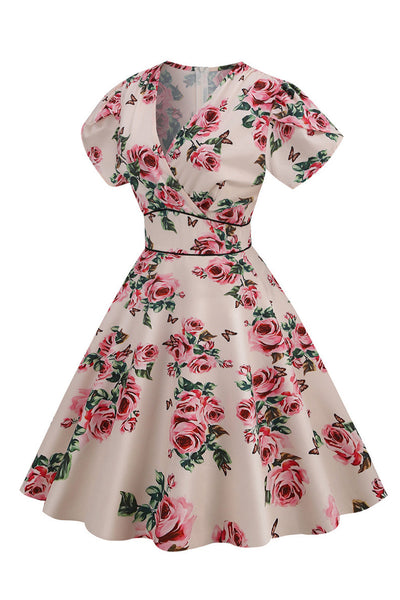 Zapaka Femmes Rose 1950s Robe V Col Fleur Imprim?� Balan?�oire Robe Vintage ?� manches courtes 