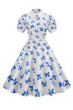 Blanc Imprimé Manches Courtes Vinrage Robe