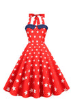 Robe rouge étoiles imprimées Halter années 1950