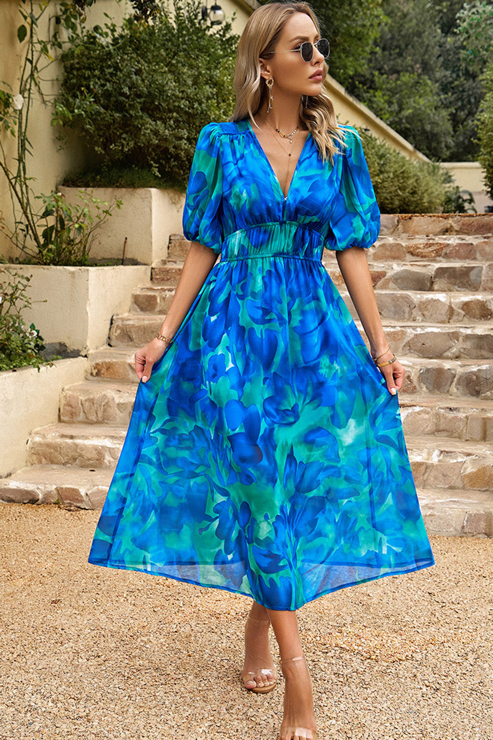 Robe d’été imprimée col V noir à col imprimé