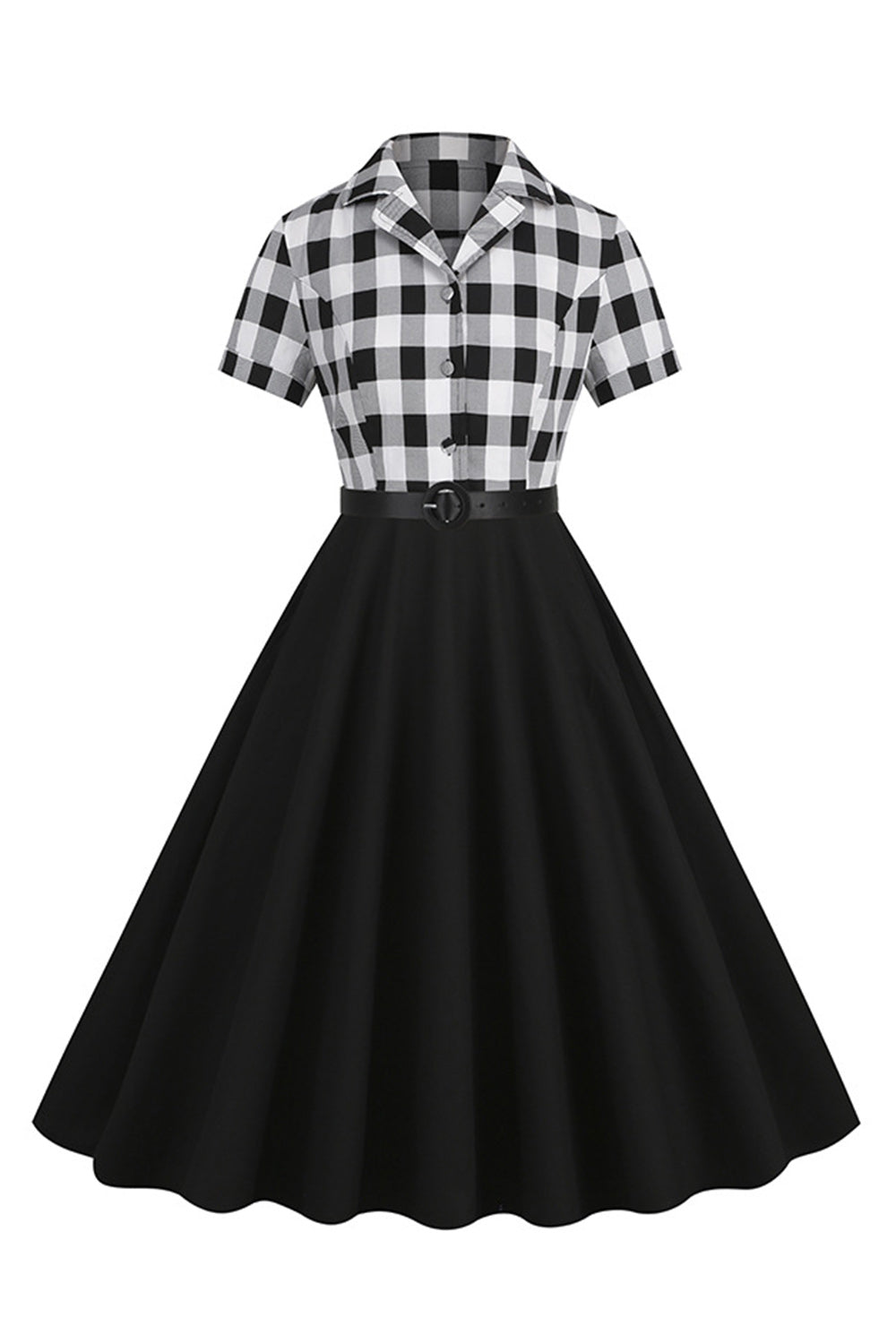 V-Neck Manches Courtes Plaid Black 1950s Robe avec ceinture