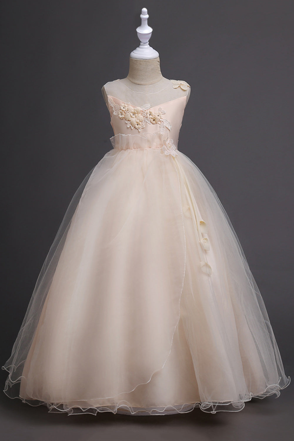 Tulle A-Line Col rond Vert Robe Fille avec appliques