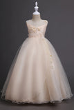 Tulle A-Line Col rond Vert Robe Fille avec appliques