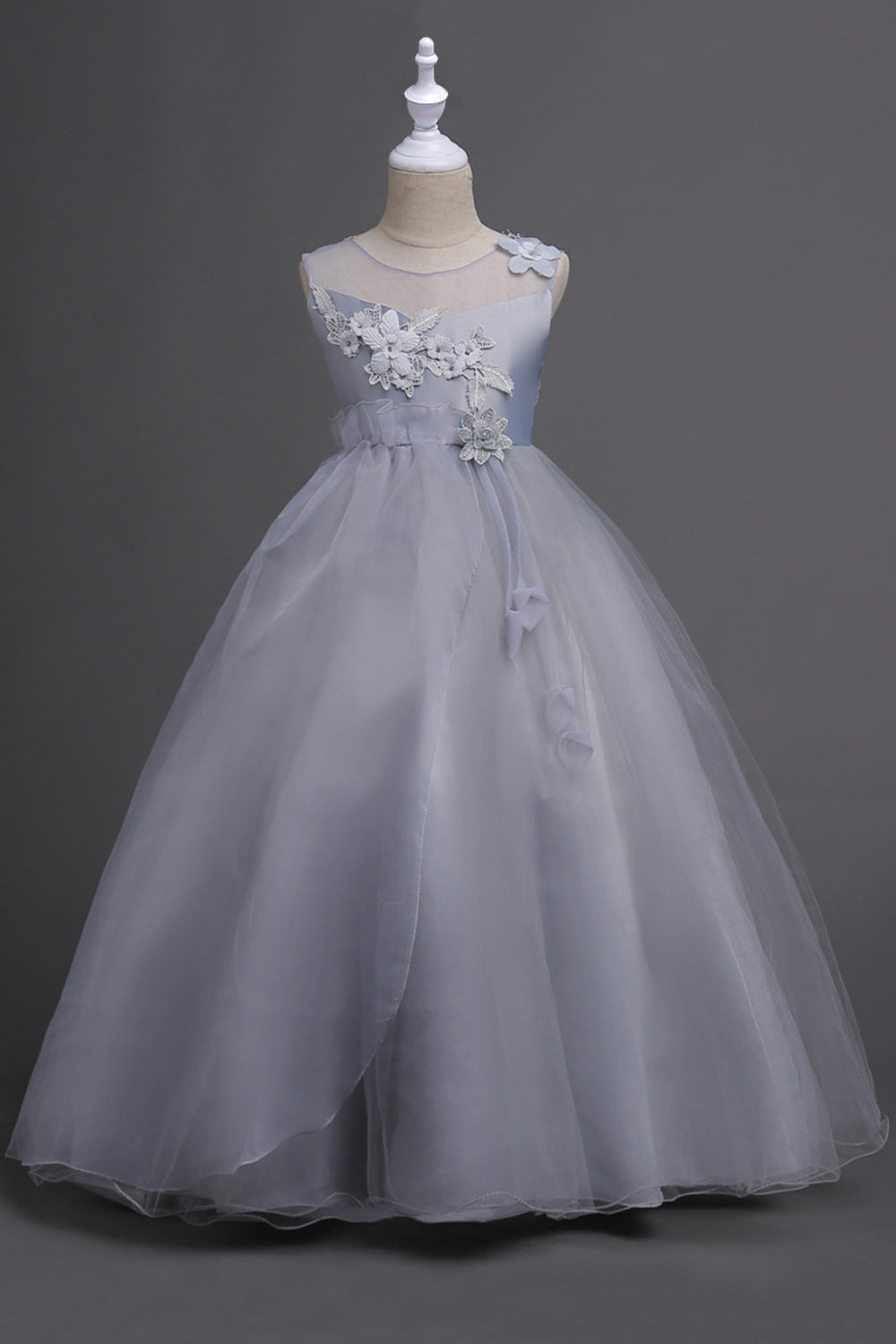Tulle A-Line Col rond Vert Robe Fille avec appliques