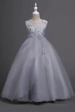Tulle A-Line Col rond Vert Robe Fille avec appliques