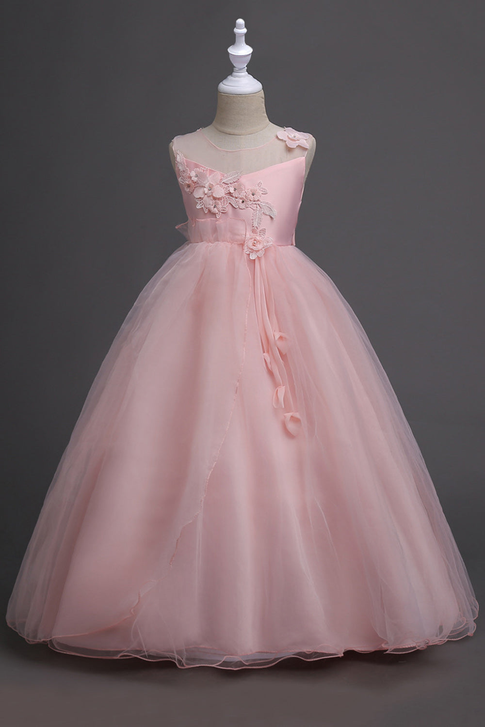 Tulle A-Line Col rond Vert Robe Fille avec appliques
