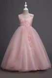Tulle A-Line Col rond Vert Robe Fille avec appliques