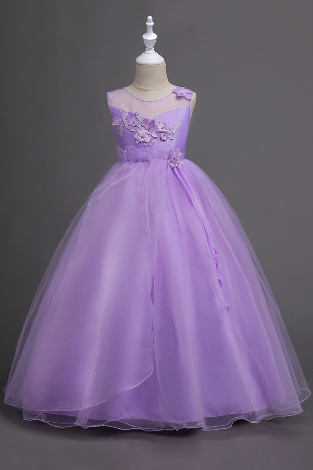 Tulle A-Line Col rond Vert Robe Fille avec appliques