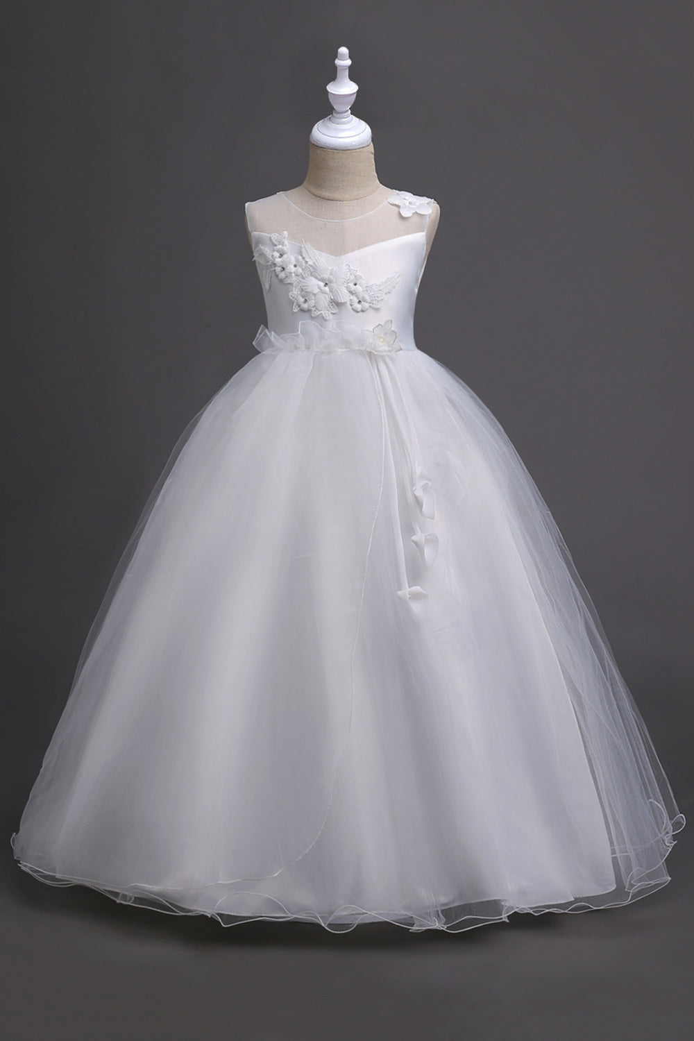 Tulle A-Line Col rond Vert Robe Fille avec appliques