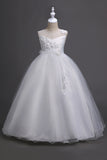 Tulle A-Line Col rond Vert Robe Fille avec appliques