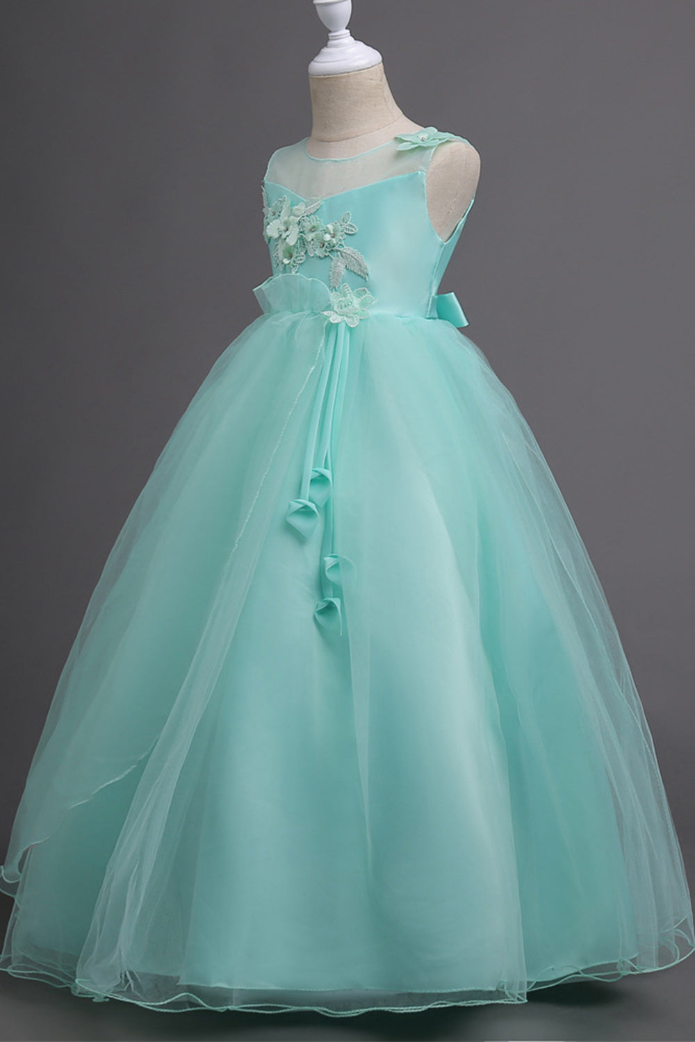 Tulle A-Line Col rond Vert Robe Fille avec appliques