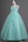 Tulle A-Line Col rond Vert Robe Fille avec appliques