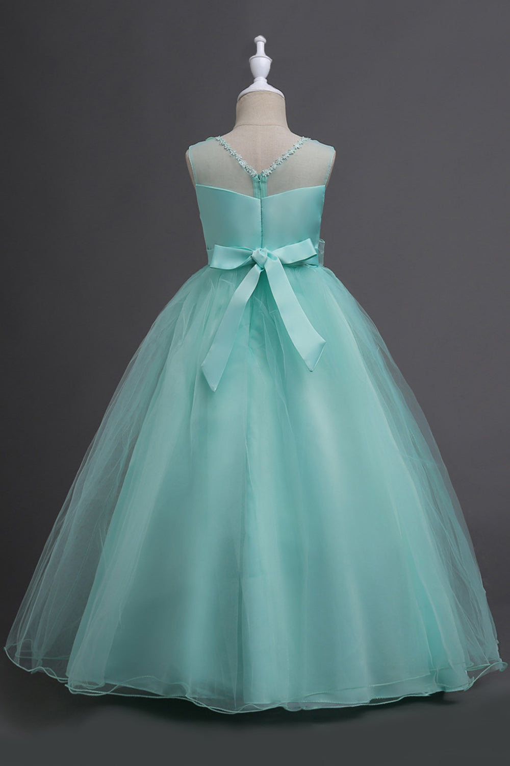 Tulle A-Line Col rond Vert Robe Fille avec appliques