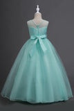 Tulle A-Line Col rond Vert Robe Fille avec appliques