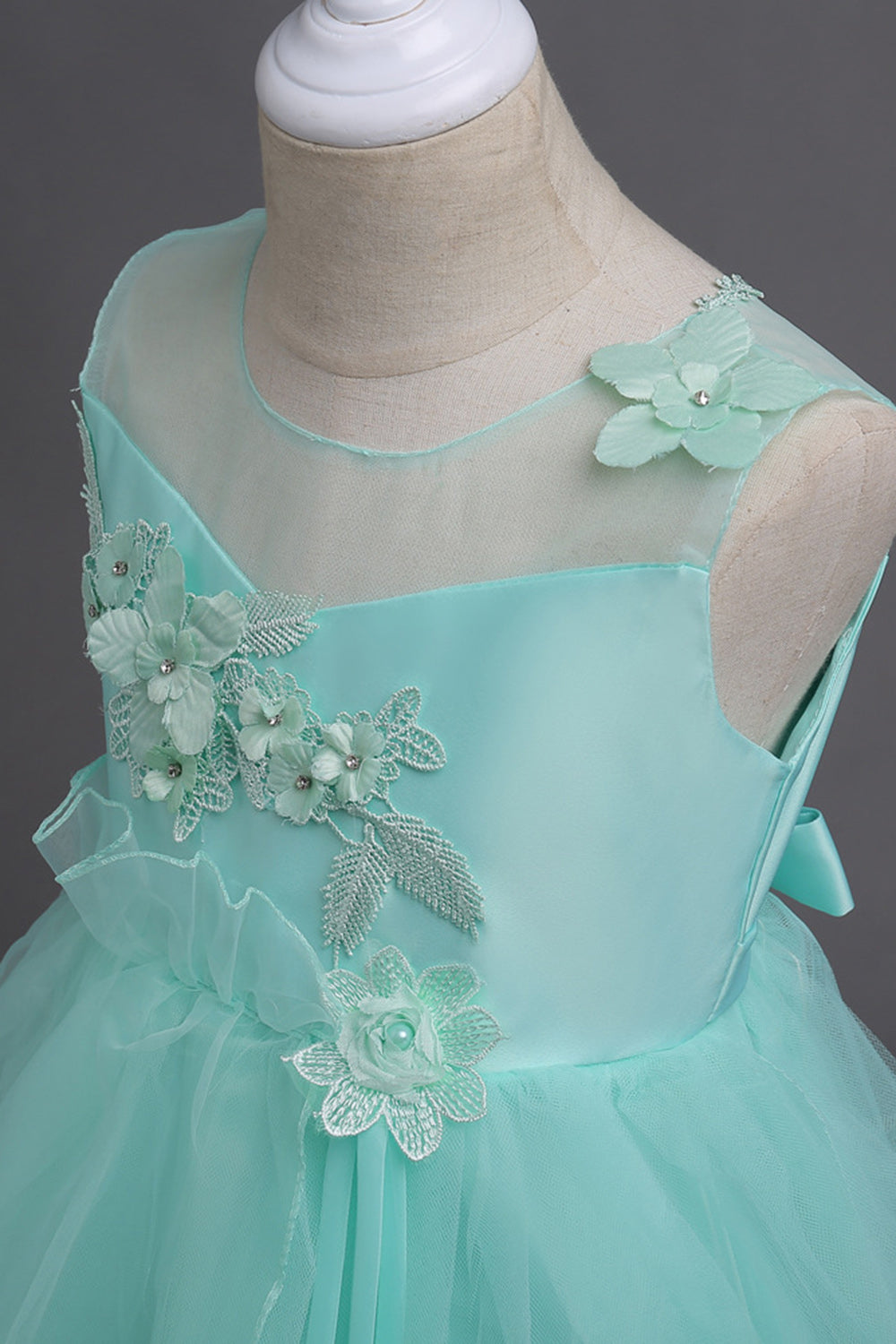 Tulle A-Line Col rond Vert Robe Fille avec appliques