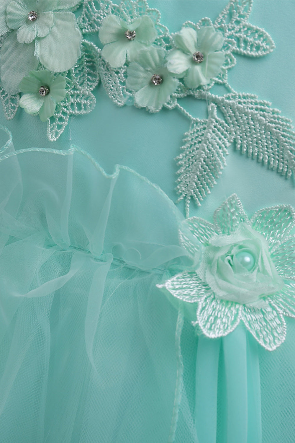Tulle A-Line Col rond Vert Robe Fille avec appliques