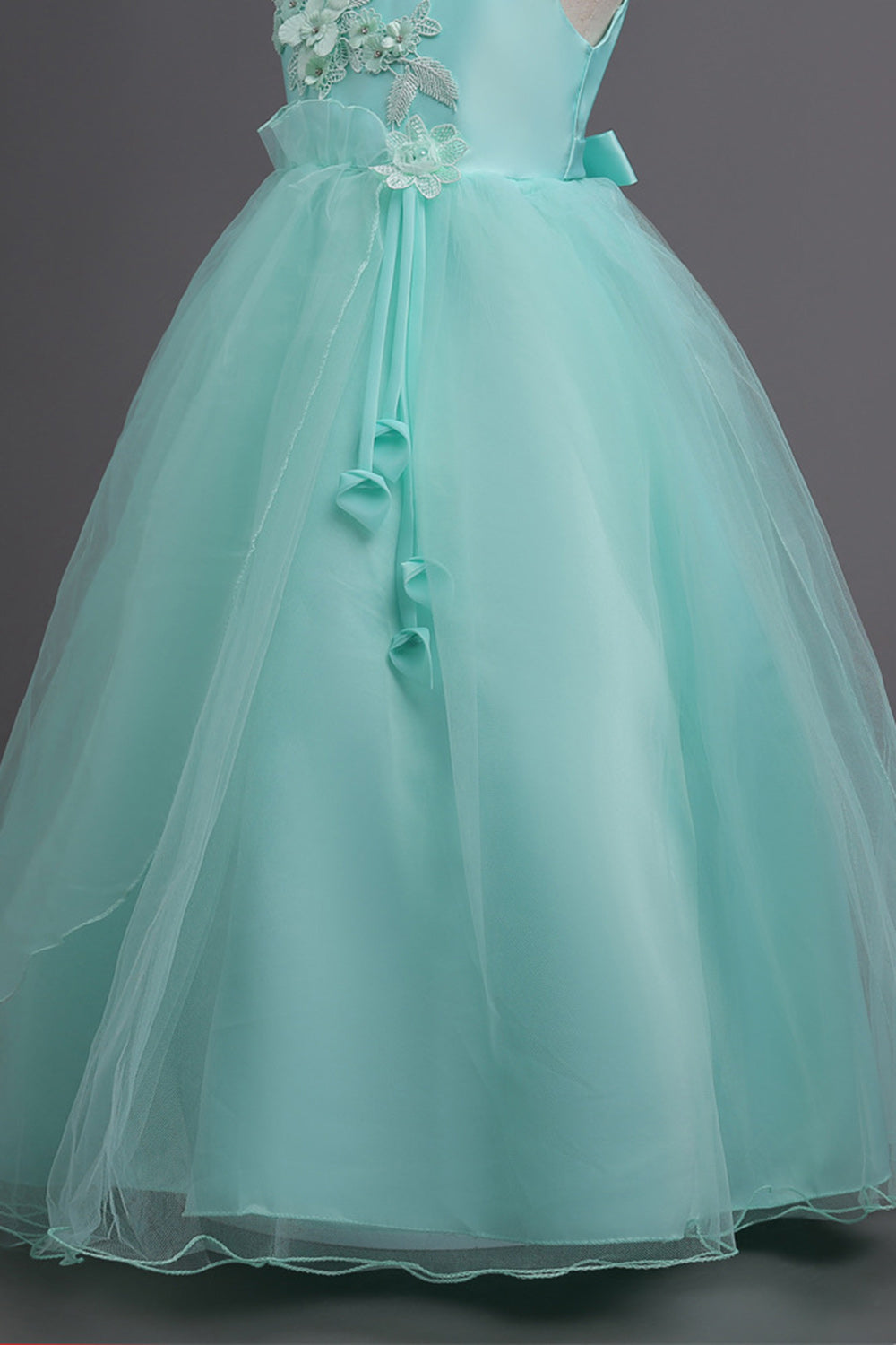 Tulle A-Line Col rond Vert Robe Fille avec appliques