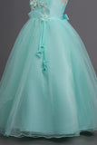 Tulle A-Line Col rond Vert Robe Fille avec appliques