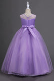 Tulle A-Line Col rond Vert Robe Fille avec appliques
