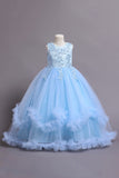 Robes de filles bleues perlées de tulle avec appliques