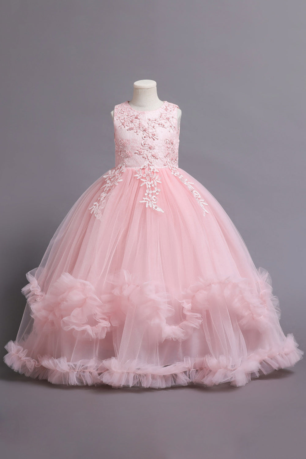 Robes de filles bleues perlées de tulle avec appliques