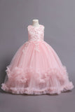 Robes de filles bleues perlées de tulle avec appliques