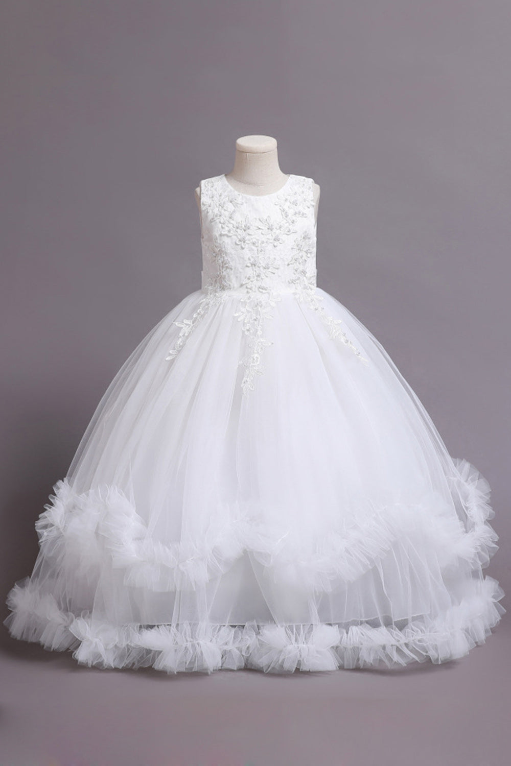 Robes de filles bleues perlées de tulle avec appliques